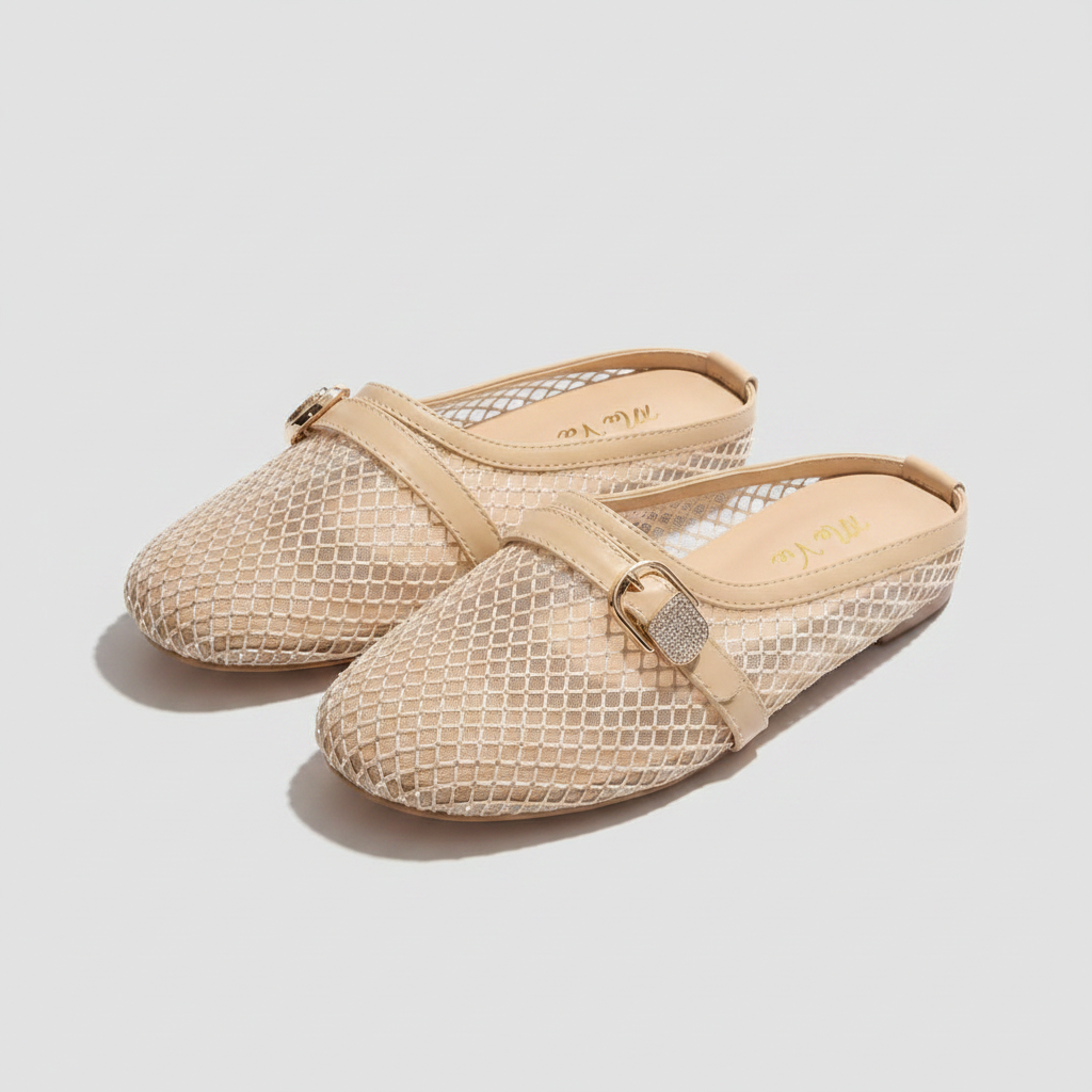 Mules Plates en Résille Style Sabot avec Bride Décorative