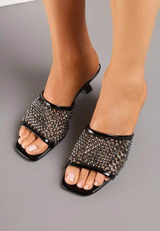 Tongs noires à talon canard et strass Lurivene