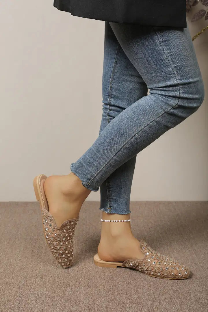 Babouche Plates en Dentelle à Strass