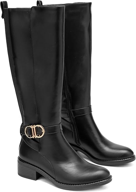 Bottes Hautes Femme Style Cavalière en Similicuir à Talon Bas