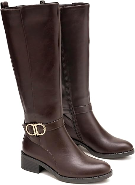 Bottes Hautes Femme Style Cavalière en Similicuir à Talon Bas