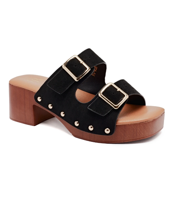 Sandale Noir et dorée en suédine à talons carrés et à détails dorés pour femme