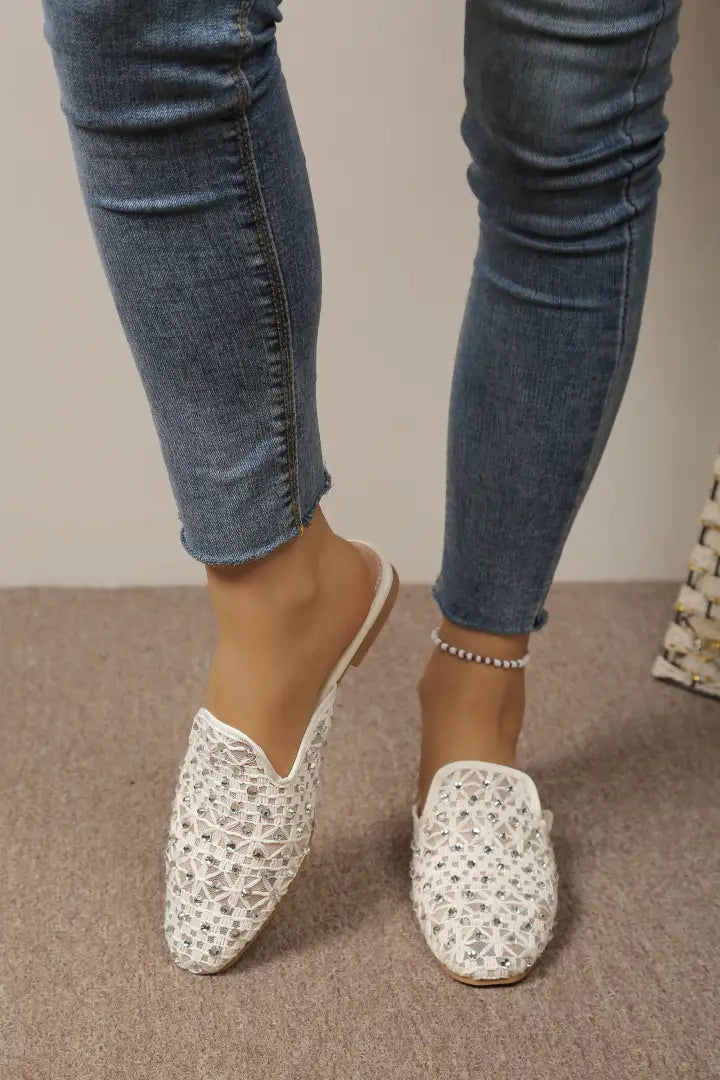 Babouche Plates en Dentelle à Strass