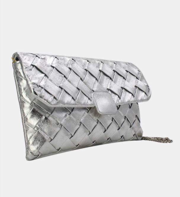 Pochette à rabat en similicuir argenté métallisé effet tissé