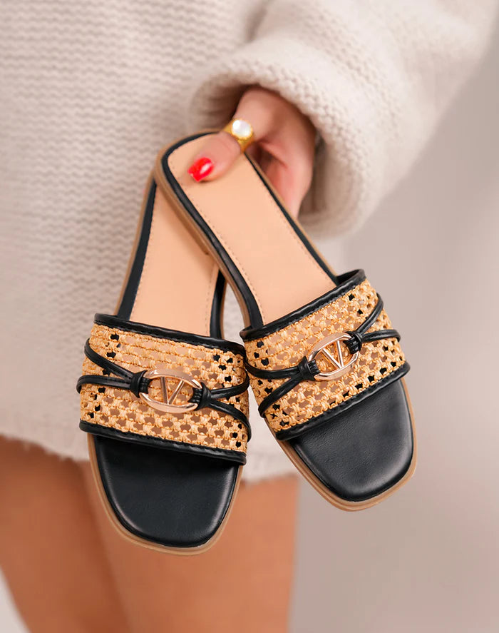 Mules Femme à bride tissé et bijou Doré