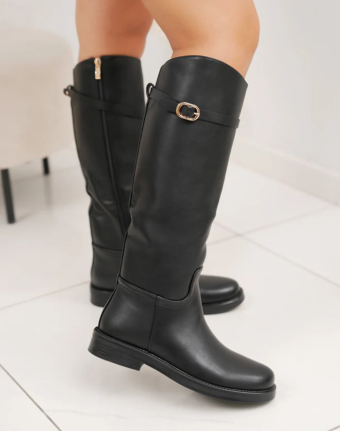 Bottes noires cavalière à bout rond avec lanière dorée