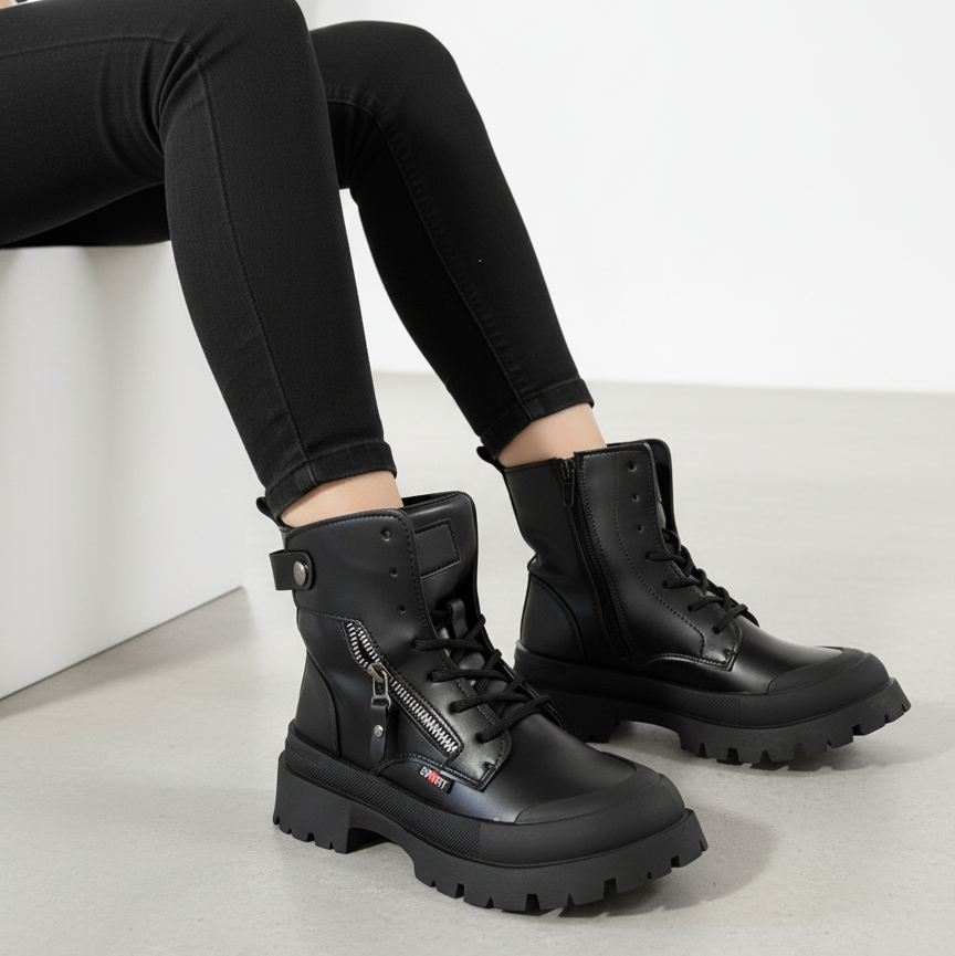 Brodequin avec protège-pieds, empiècement métallique et fermeture éclair décorative