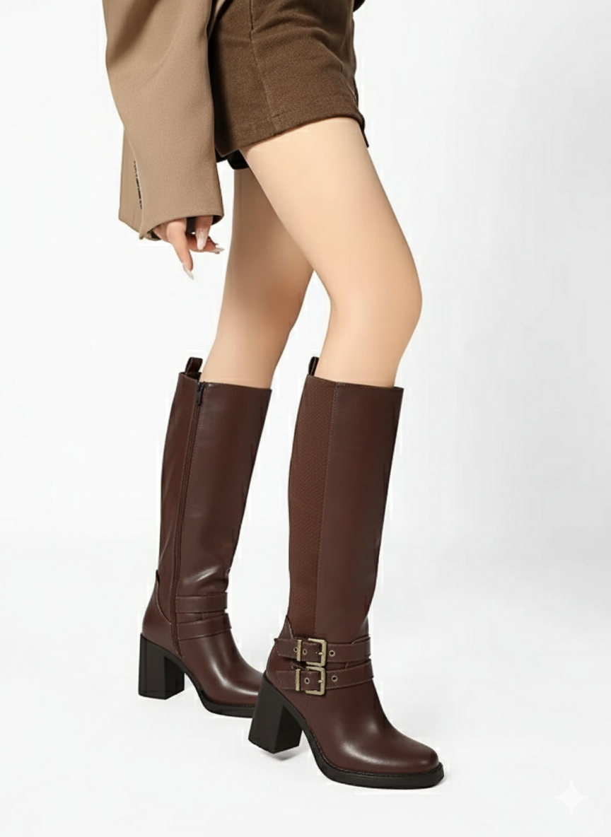 Bottes femme avec talon moyen et double sangles décoratives