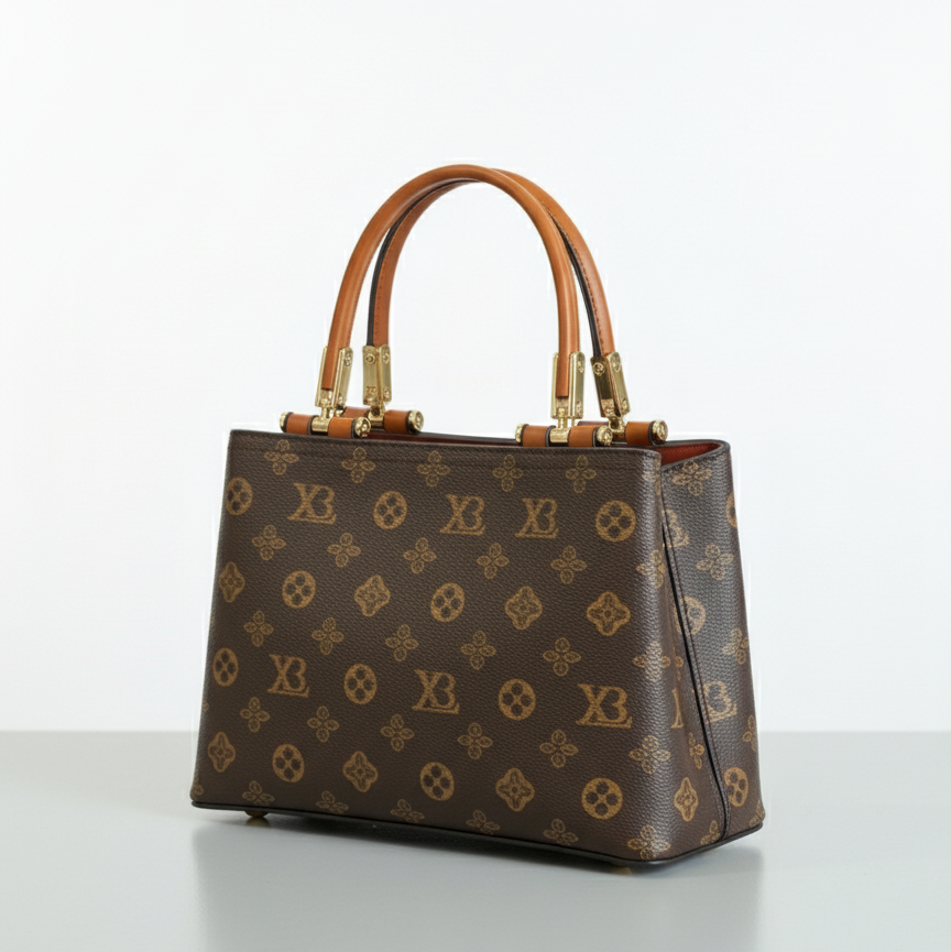 sac fourre-tout structuré en toile enduite marron avec un motif monogramme