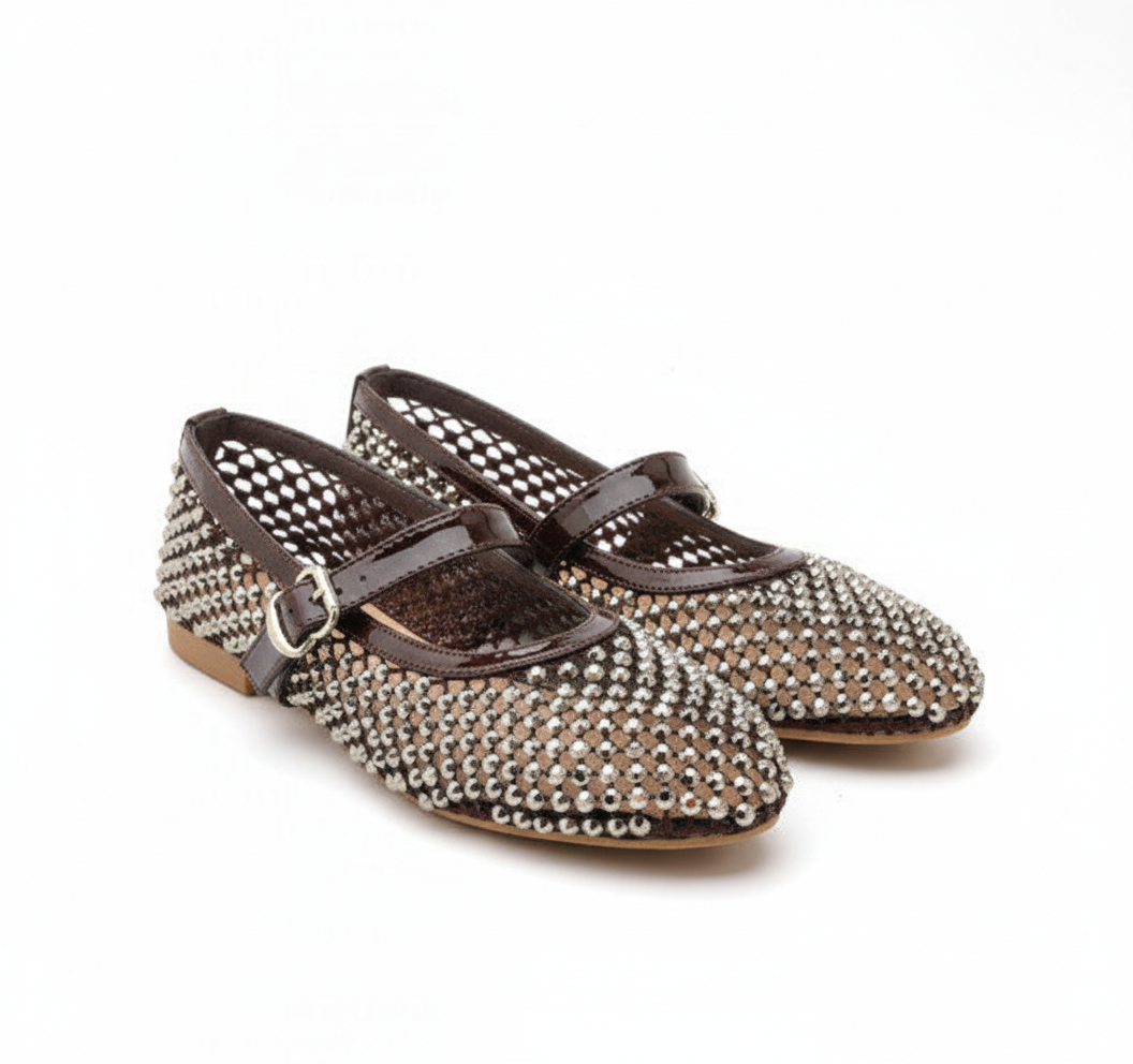 Ballerines Mary Jane à Strass et Résille