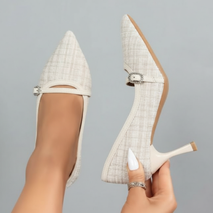 Escarpins femme élégants en tweed avec boucle strassée
