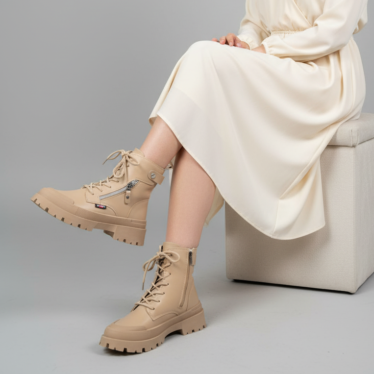 Brodequin avec protège-pieds, empiècement métallique et fermeture éclair décorative