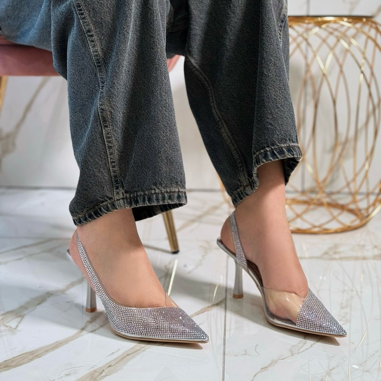 Jeans Industry Sandale Plate Transparente Strass Talons Clairs Et