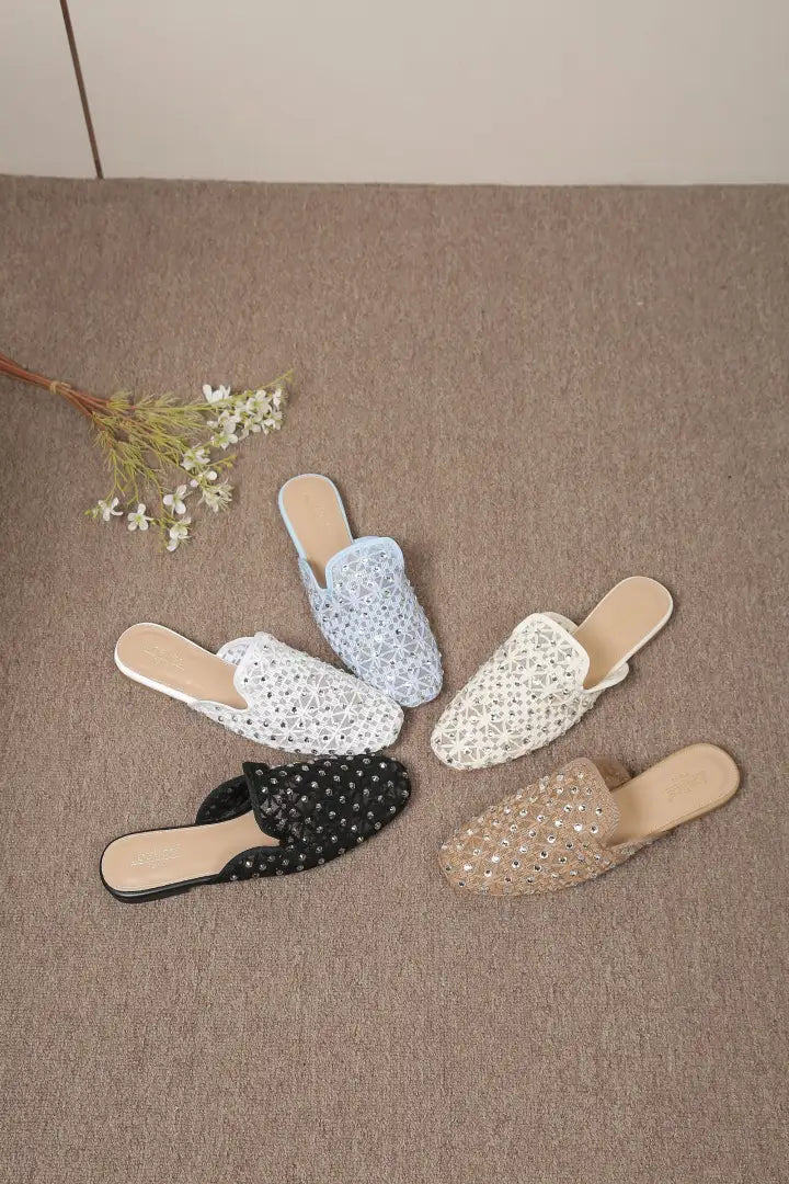 Babouche Plates en Dentelle à Strass