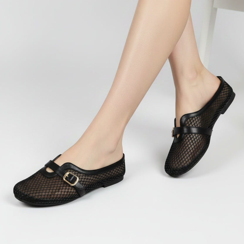 Mules Plates en Maille Scintillante avec Bride Décorative