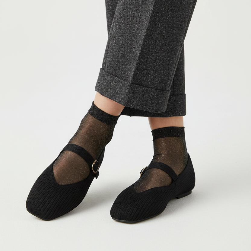 Ballerines en Maille Côtelée à Bride