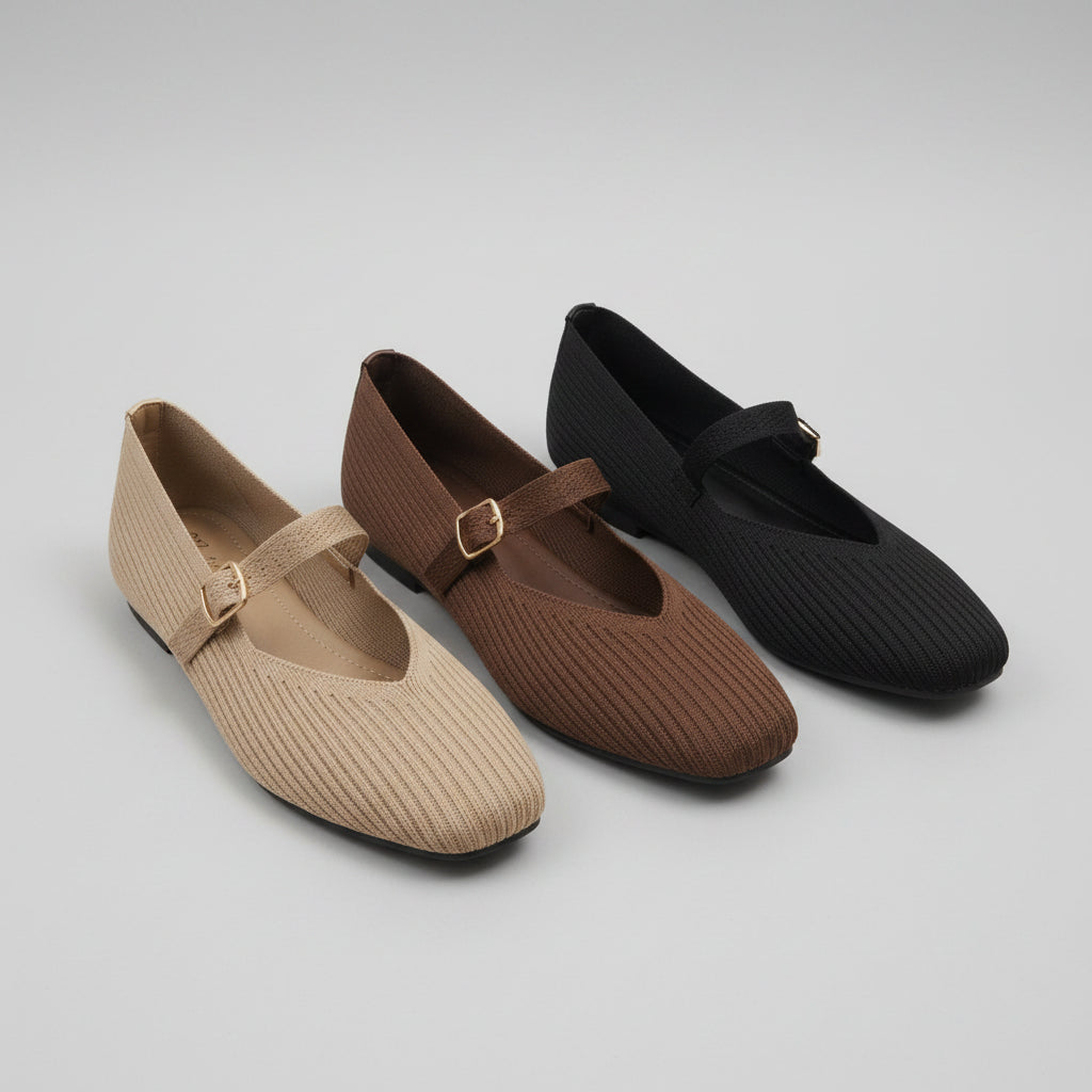 Ballerines en Maille Côtelée à Bride