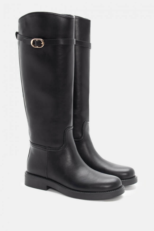 Bottes noires cavalière à bout rond avec lanière dorée