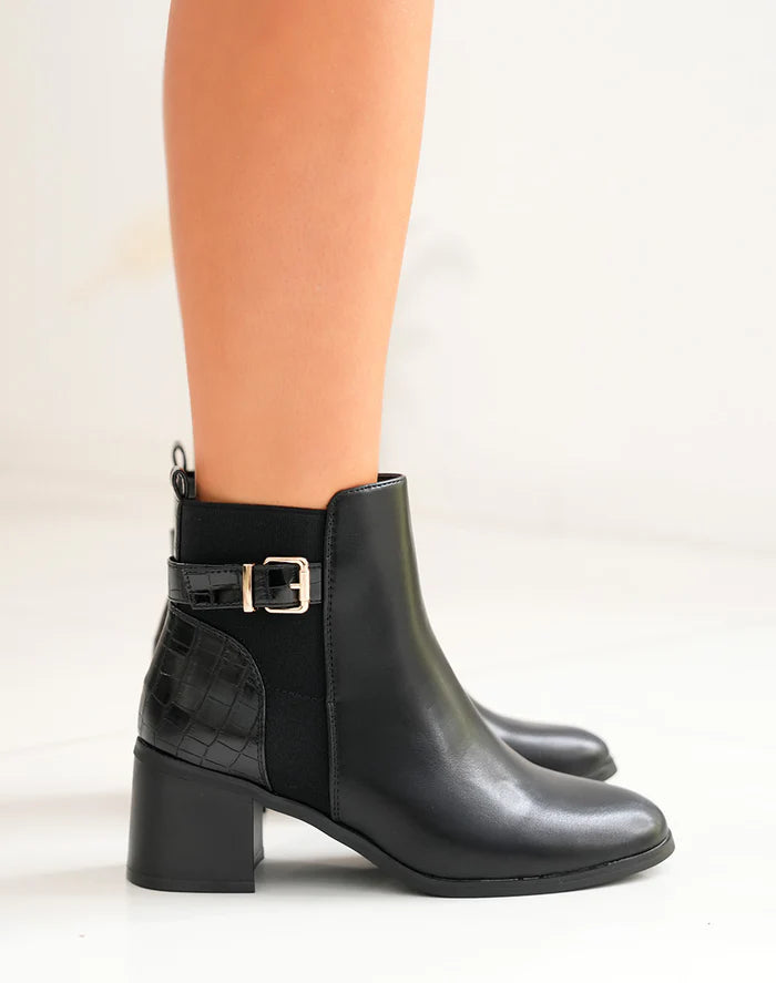 Demi bottes à talon noires bi-matières à sangle dorée