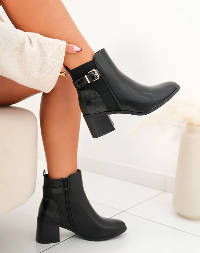 Demi bottes à talon noires bi-matières à sangle dorée