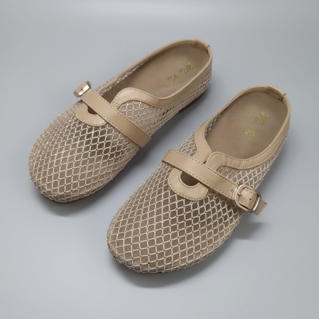 Mules Plates en Maille Scintillante avec Bride Décorative