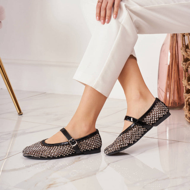 Ballerines Mary Jane à Strass et Résille