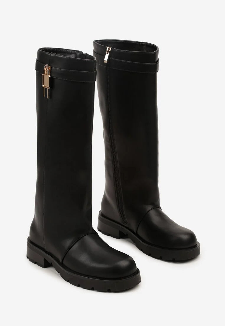 Bottes marron à tige droite et appliqué métallique