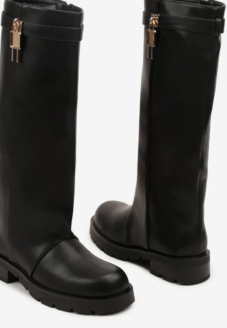 Bottes marron à tige droite et appliqué métallique