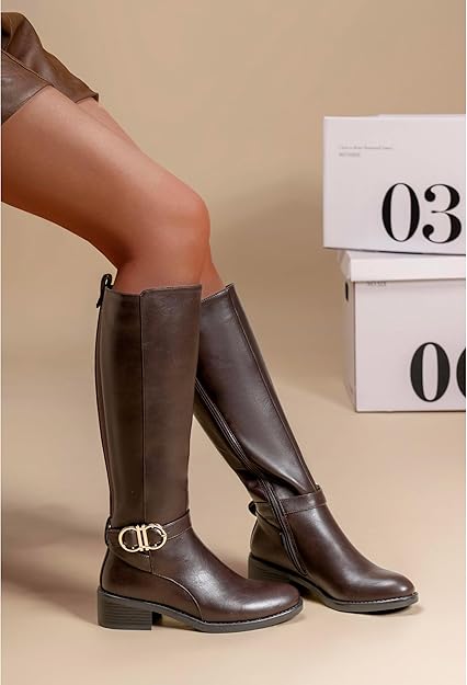 Bottes Hautes Femme Style Cavalière en Similicuir à Talon Bas