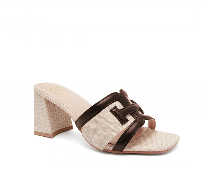 Sandale  élégantes à talon épais avec bride tissée et détail beige