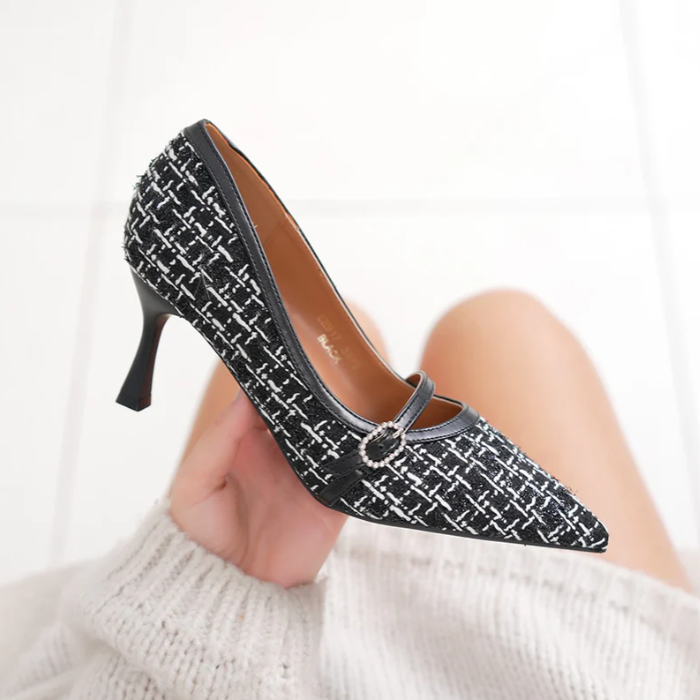 Escarpins femme élégants en tweed avec boucle strassée