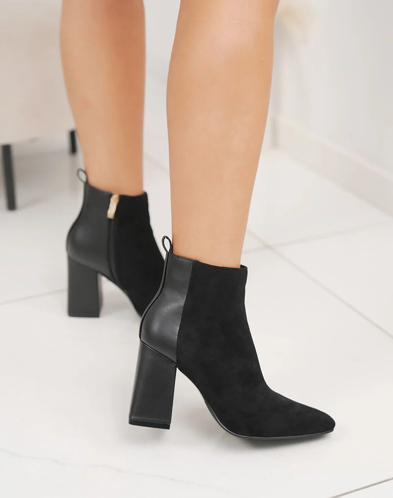 Bottines femme chic à talon haut épais et bout pointu en bi-matière
