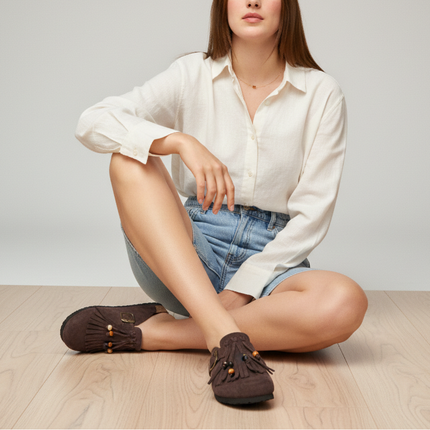 Sabot en textile avec franges et perles