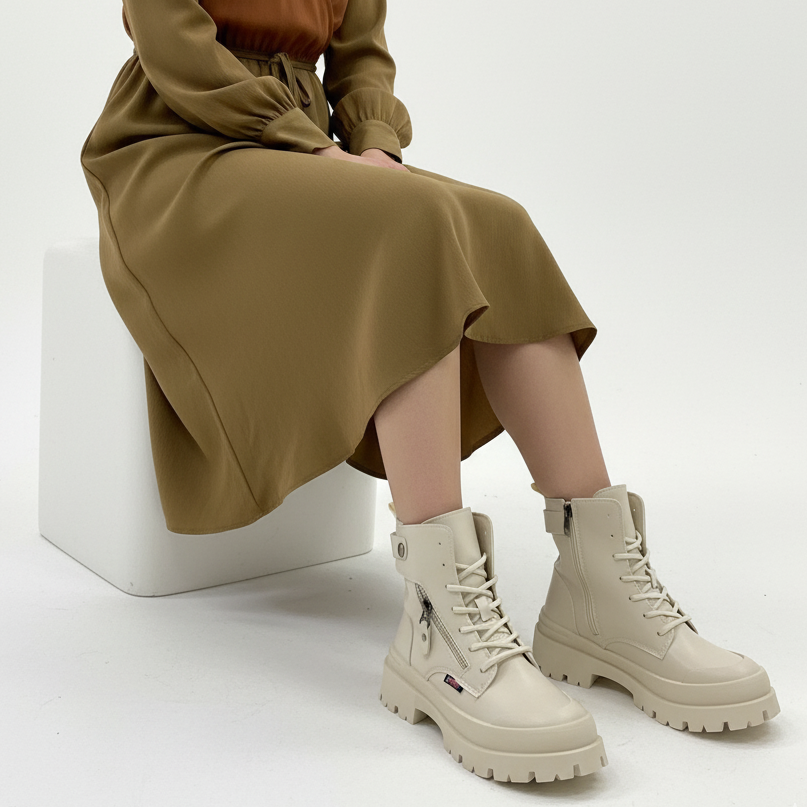 Brodequin avec protège-pieds, empiècement métallique et fermeture éclair décorative