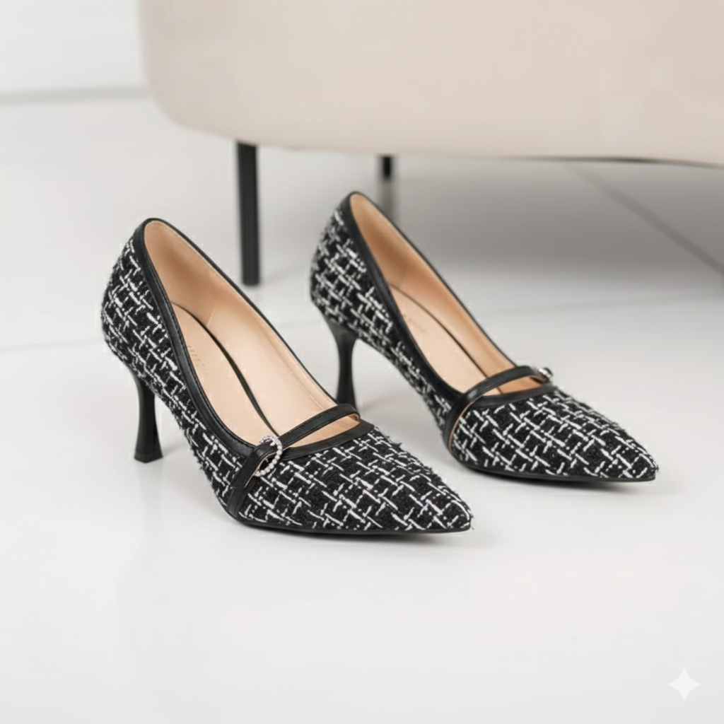 Escarpins femme élégants en tweed avec boucle strassée