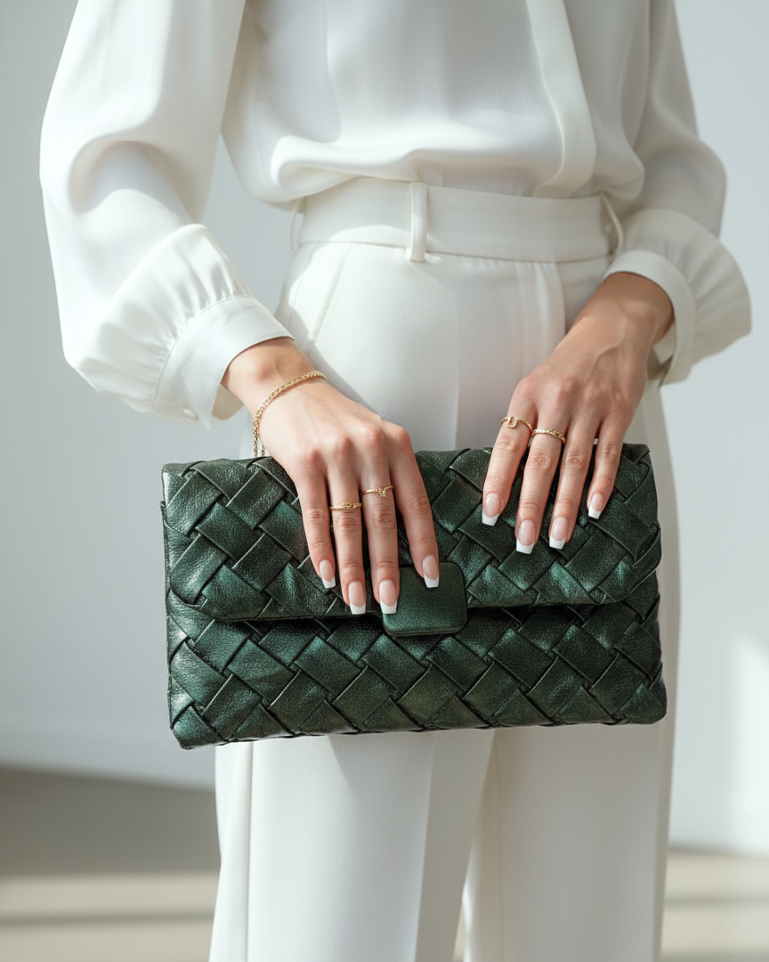 Pochette à rabat en similicuir argenté métallisé effet tissé