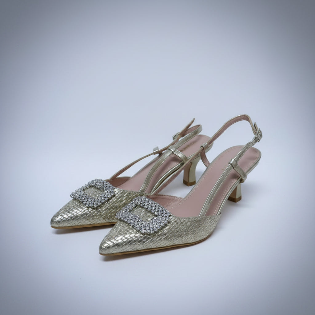 Escarpins Slingback Dorés à Boucle Cristal