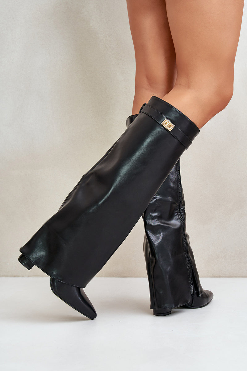 bottes à talon pour femme, tige retroussée, brides à boucles