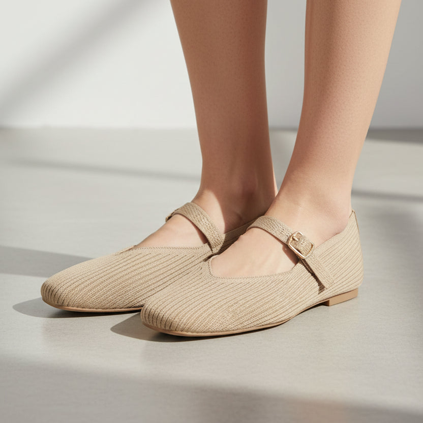 Ballerines en Maille Côtelée à Bride