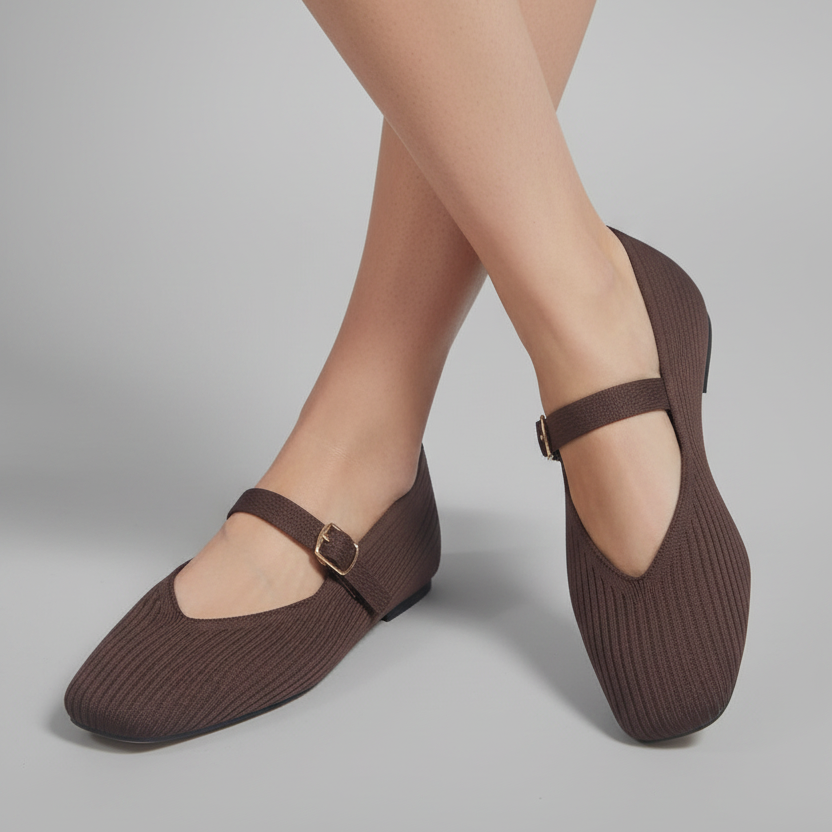 Ballerines en Maille Côtelée à Bride