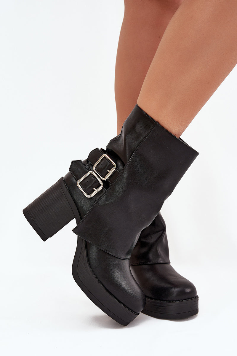 Bottines Femme Talon Bloc Boucles Fermeture Éclair Noir