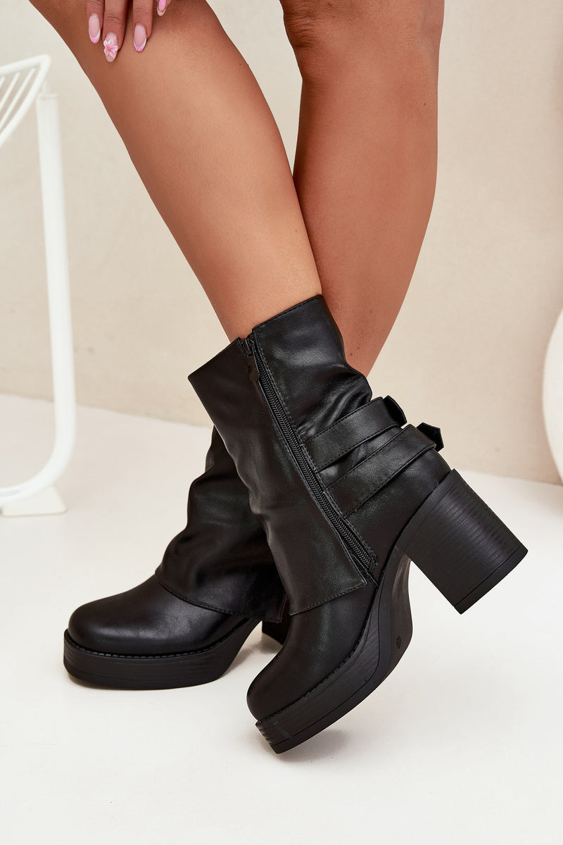 Bottines Femme Talon Bloc Boucles Fermeture Éclair Noir