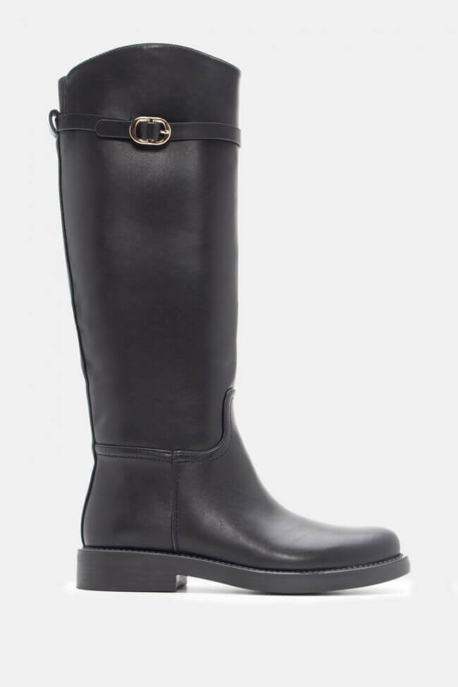 Bottes noires cavalière à bout rond avec lanière dorée
