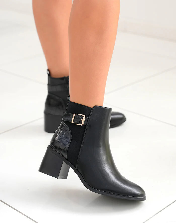 Demi bottes à talon noires bi-matières à sangle dorée